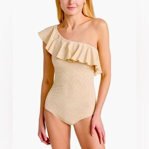 NWT Shoshanna Ecru Texture One Shoulder Ruffle One Piece Bathing Suit Size 2